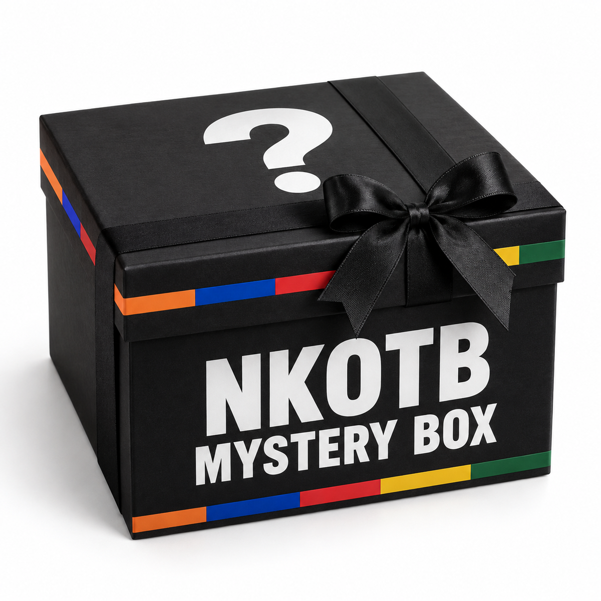 NKOTB Mystery Box promotional image — black gift box with a question mark and colored accents